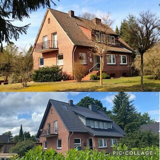 Vorher-Nachher-Vergleich eines Backsteinhauses mit erneuertem roten Ziegeldach und Gauben