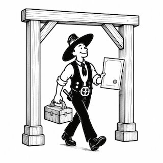 Illustration eines selbstständigen Zimmerers unter einem Holzrahmen